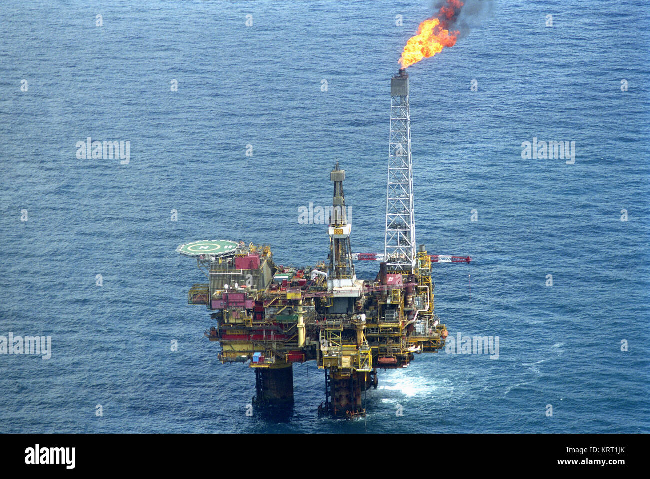 North Sea, Oil production with platforms. Aerial view. Stock Photo