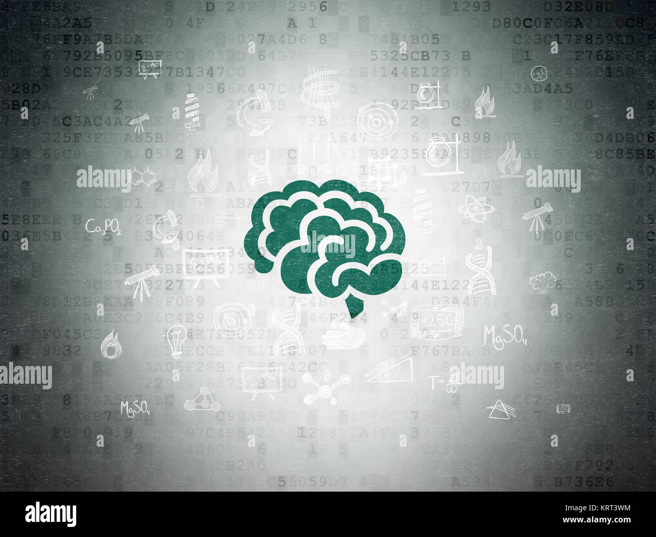 Science concept: Painted green Brain icon on Digital Data Paper ...