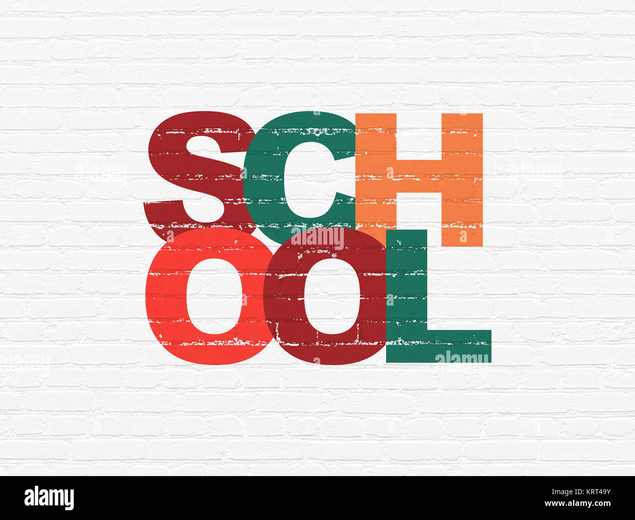 Education concept: Painted multicolor text School on White Brick wall ...