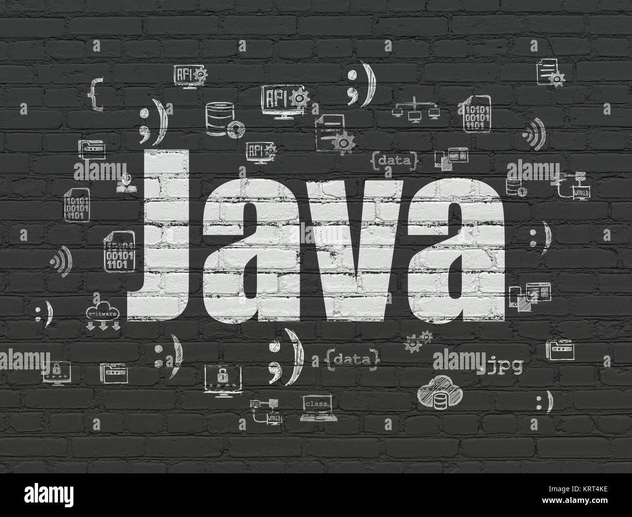 Software concept: Painted white text Java on Black Brick wall ...