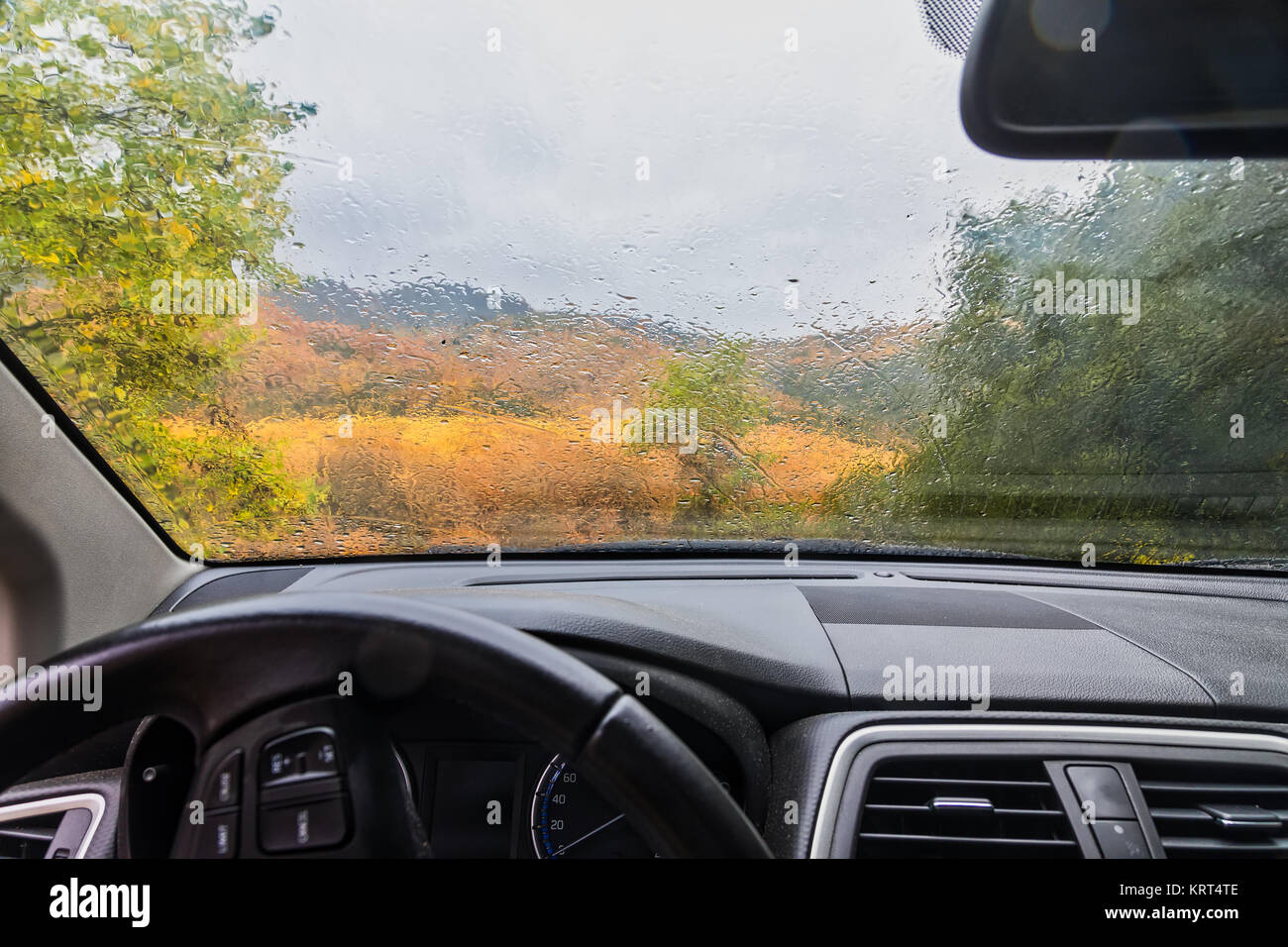 rain drops on the window of the car. autumnal rainy landscape blurred Stock Photo
