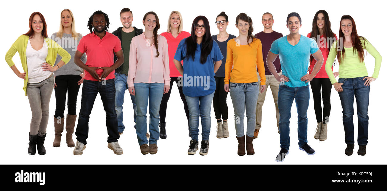 Menschen lachen stehen glücklich multikulturell People Integration Gruppe junge Leute freigestellt Stock Photo