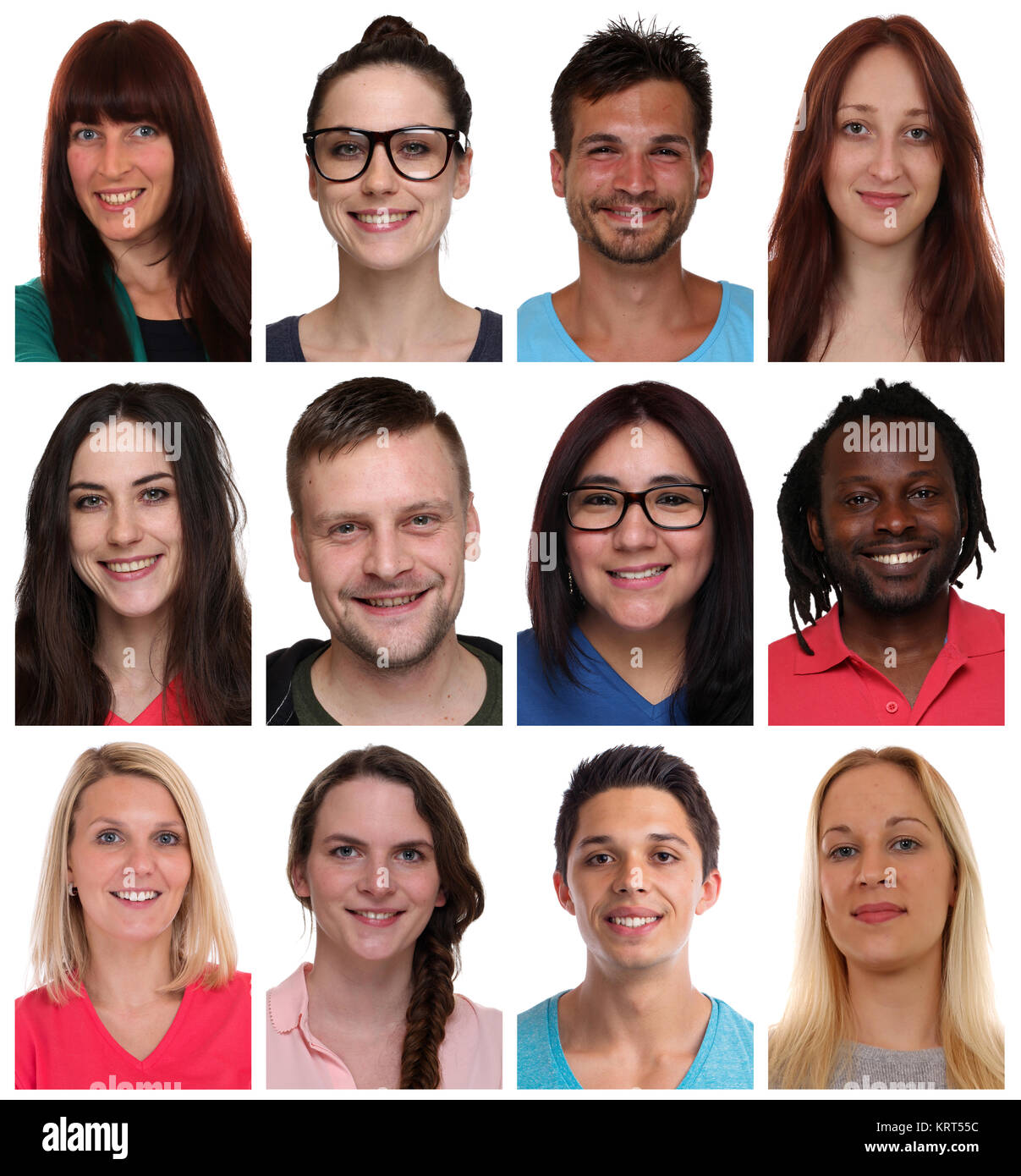 Portrait Collage multikulturell Jugendliche Menschen junge Leute Gruppe Gesichter Freisteller freigestellt vor einem weissen Hintergrund Stock Photo