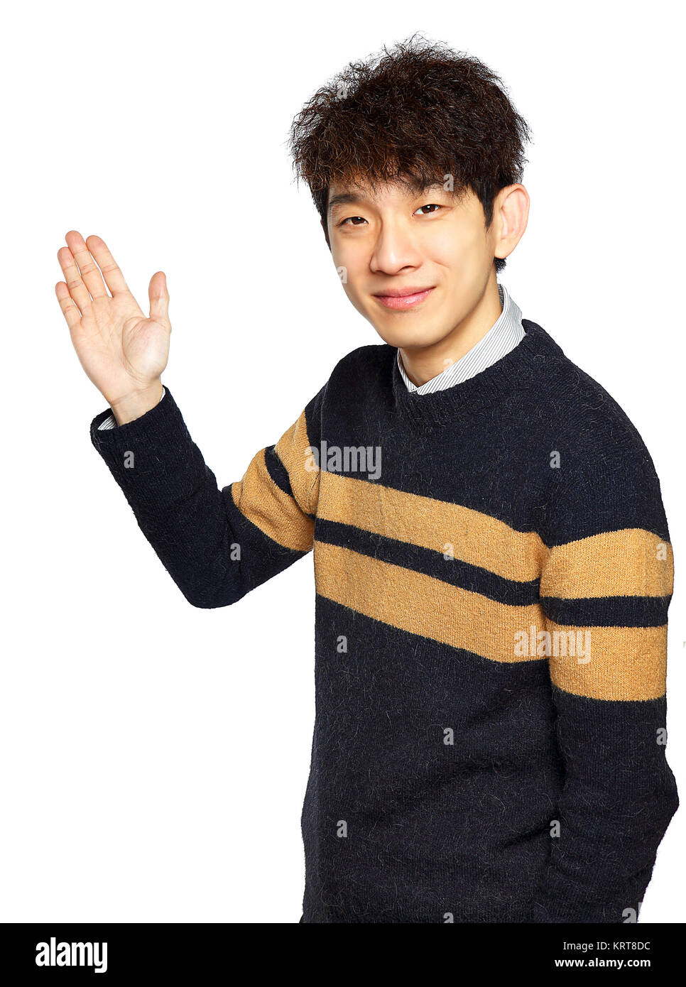 Asian young business man hold show open empty palm Stock Photo - Alamy