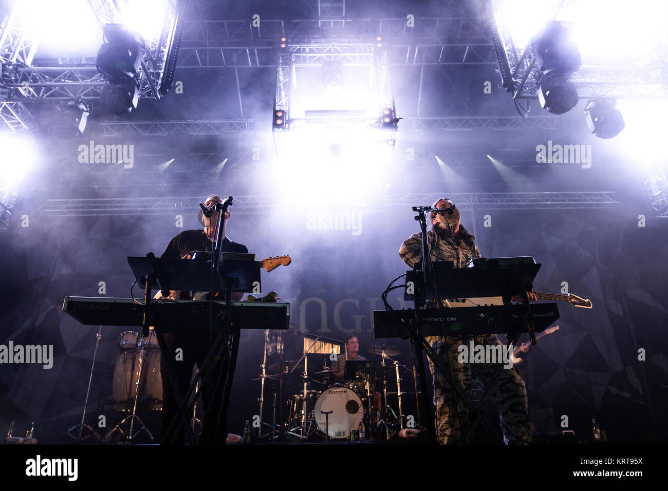 The British band and music collective Jungle performs a live concert at Avelon Stage at at Danish music festival Roskilde Festival 2015. Here singers and musicians Tom McFarland (L) and Josh Lloyd-Watson (R) are pictured live on stage. Denmark, 02/07 2015. Stock Photo