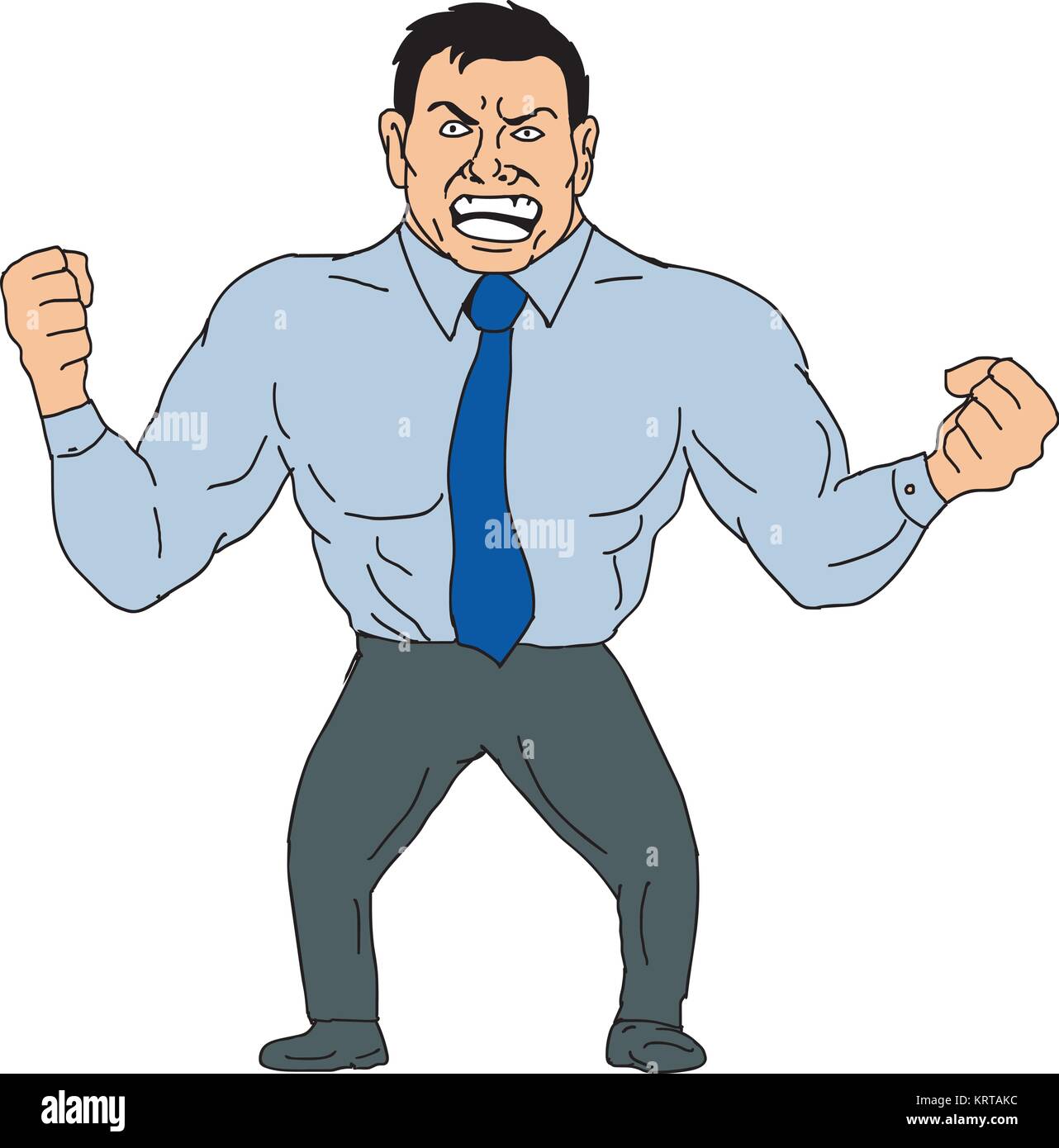 Cartoon style illustration of an angry businessman with clenched fist and shouting viewed from front on isolated background. Stock Vector