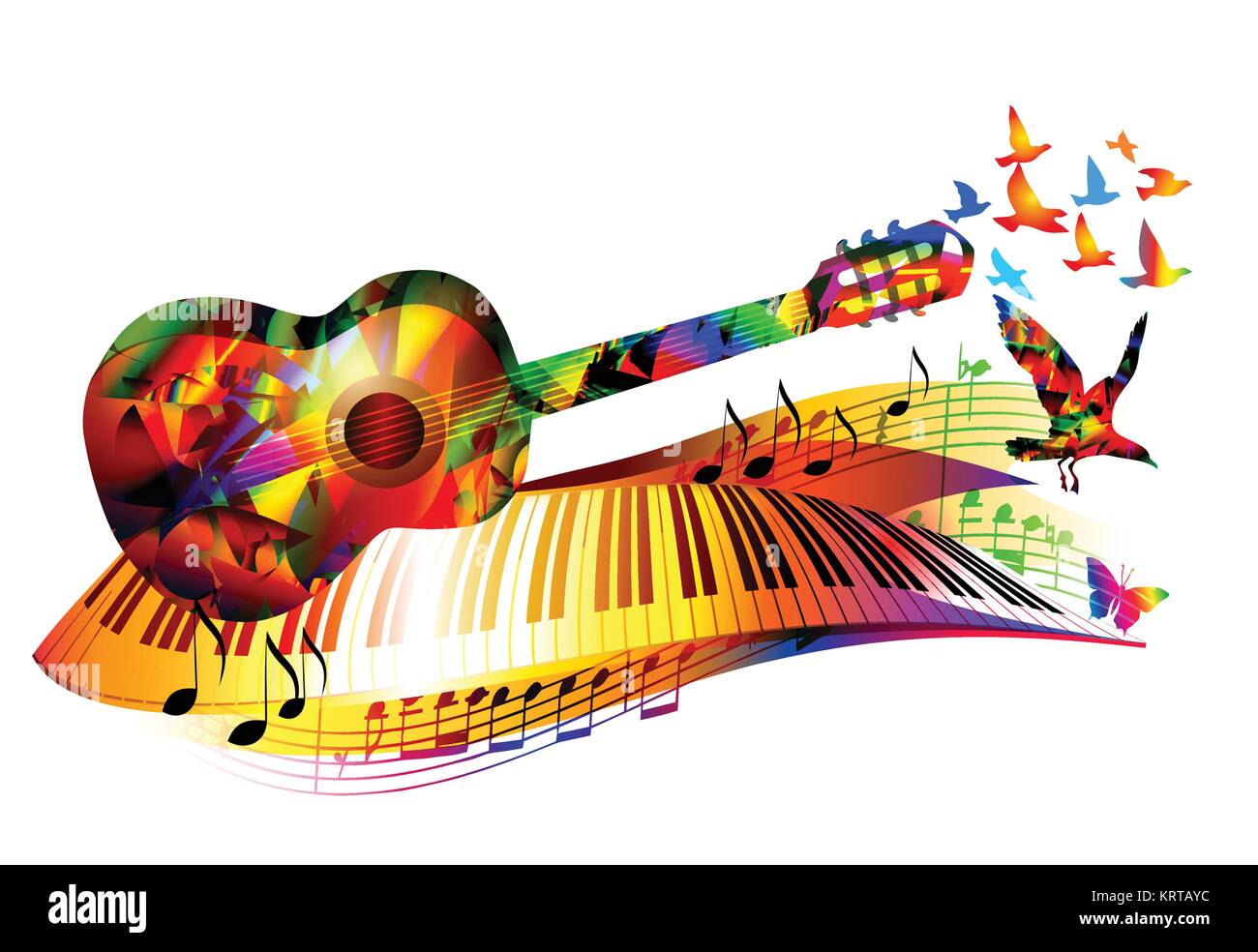 Colorful music background with guitar, piano keyboard, flying birds and music notes Stock Vector