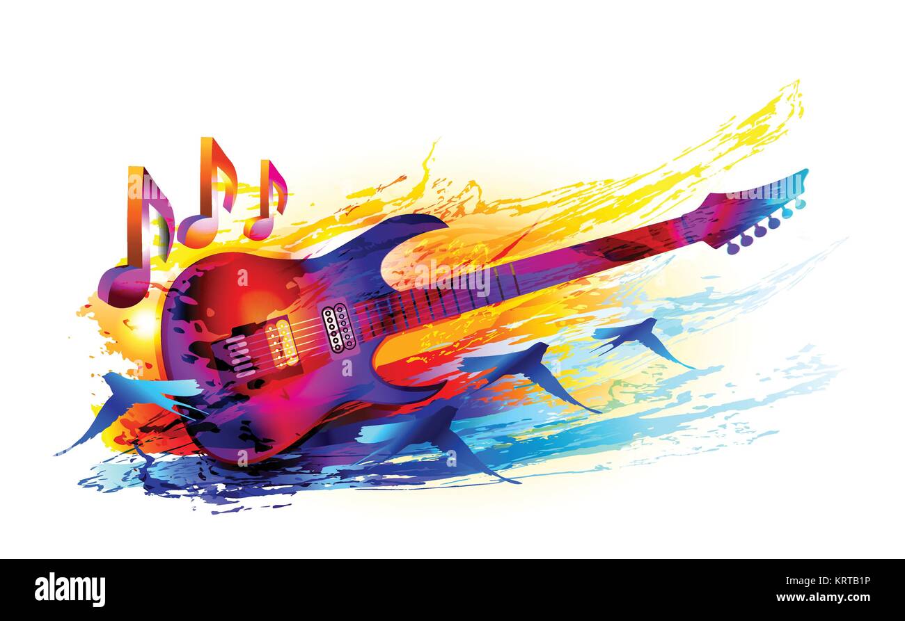 Colorful music background with  acoustic guitar, flying birds and 3d music notes Stock Vector