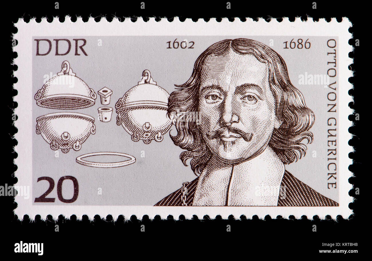 East German (DDR) postage stamp (1977): Otto von Guericke (1602 – 1686) German scientist, inventor, and politician. Establishment the physics of vacuu Stock Photo