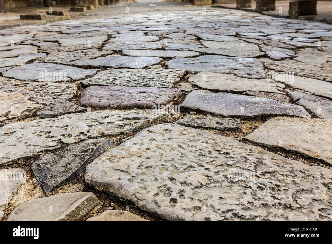 Ancient Roman road in Italica. Street in the Roman ruins of Italica. Santiponce. Sevilla. Spain. Stock Photo