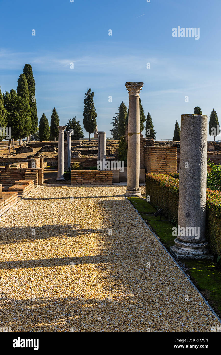 Italica (Spanish: Itálica; north of modern day Santiponce, 9 km NW of Seville, Spain) is a magnificent and well-preserved Roman city and the birthplac Stock Photo