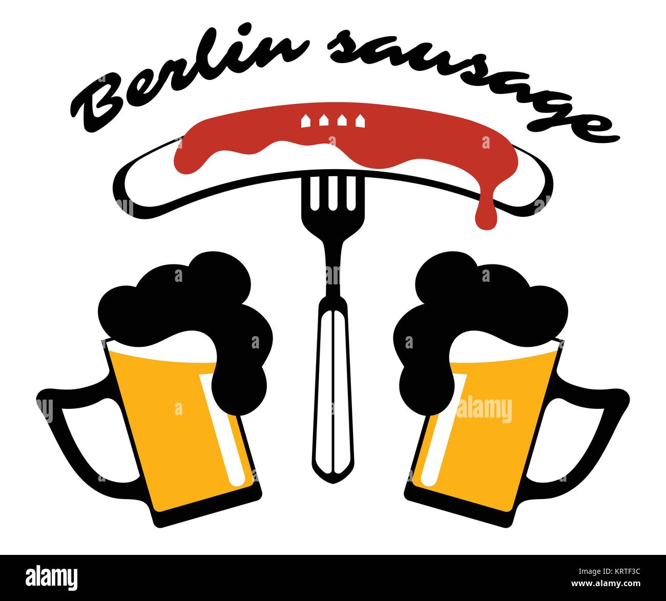 Berlin sausage. Sausage on a fork and two mugs of beer. Vector silhouette. Stock Vector