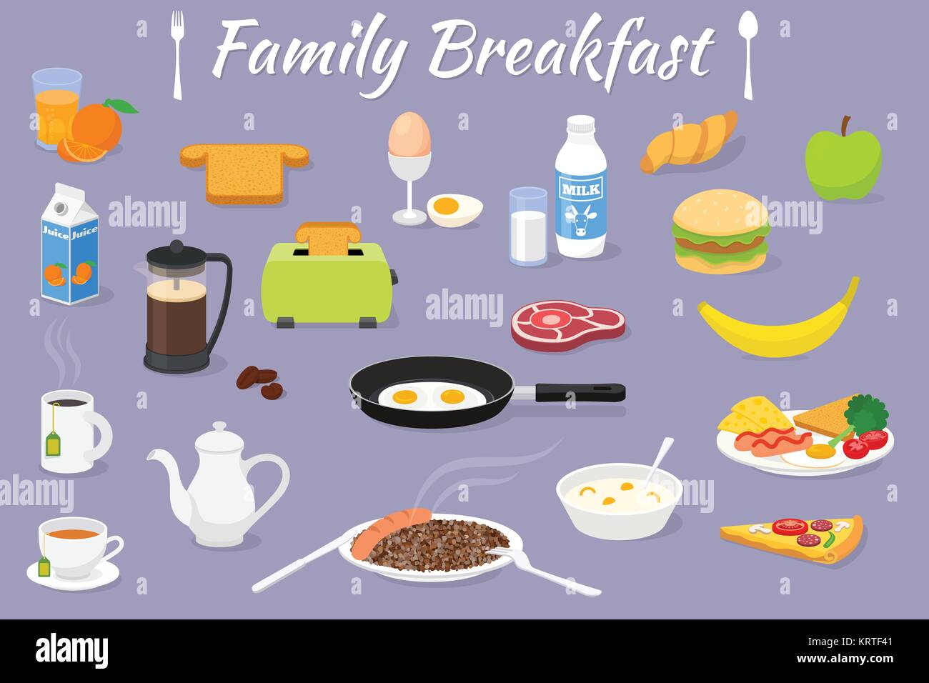Vector breakfast time illustration with fresh food and drinks. Vector icons set. Stock Vector