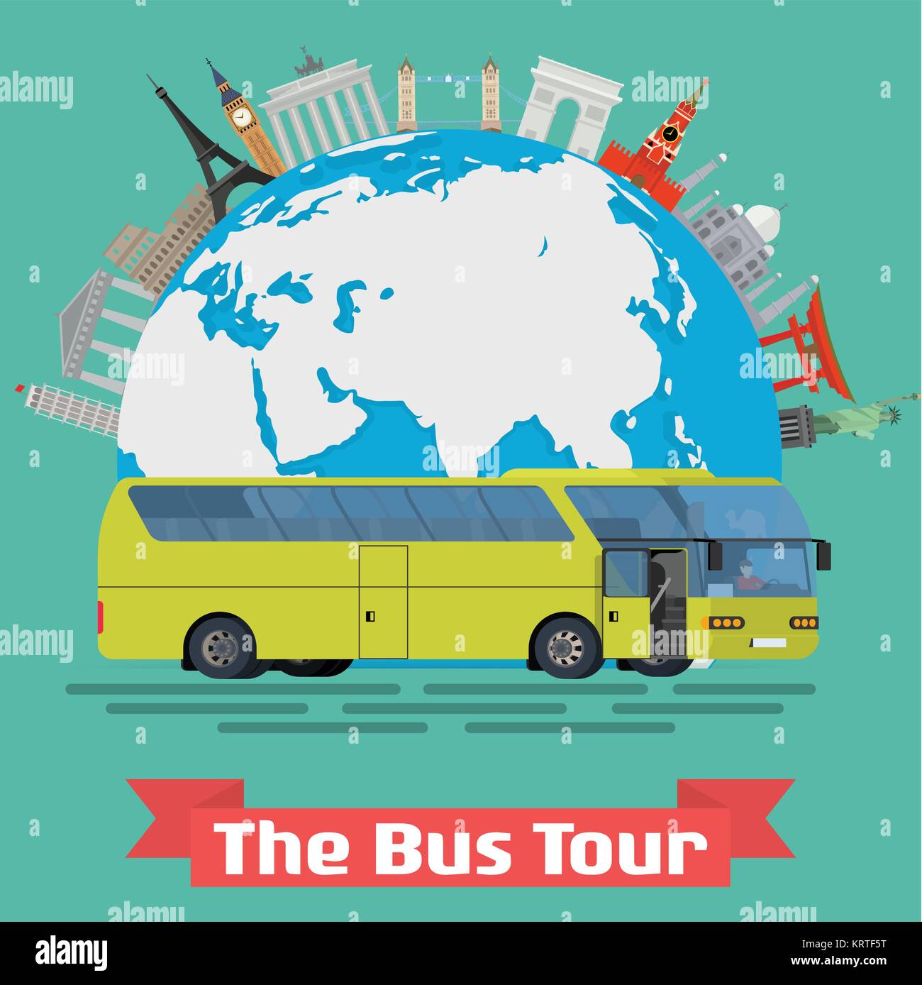 Vector conceptual illustration - The Bus Tour of Europe and popular