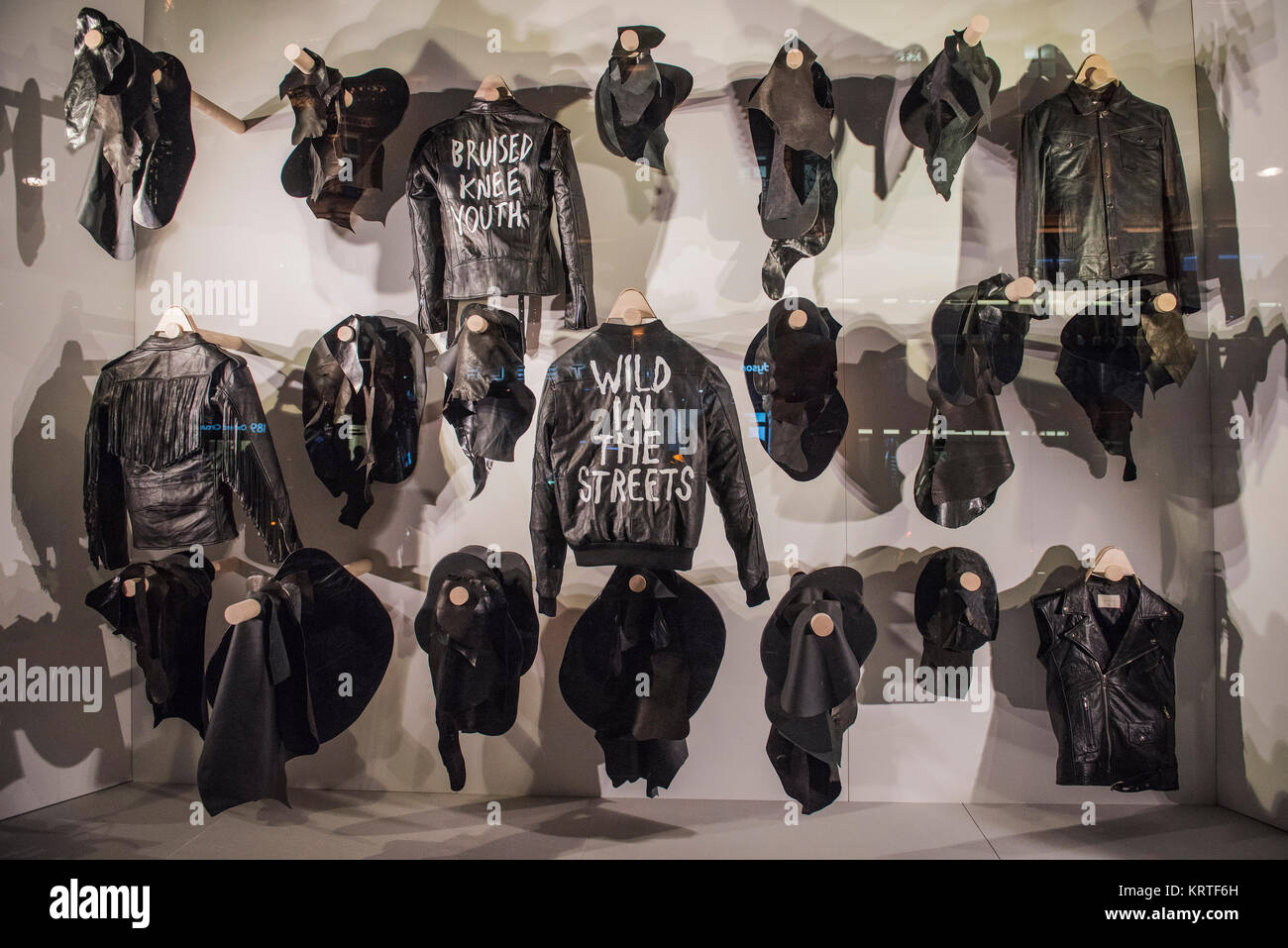London, UK - February 19, 2017: Leather jackets in a clothing shop in London, on famous Oxford Street. Stock Photo