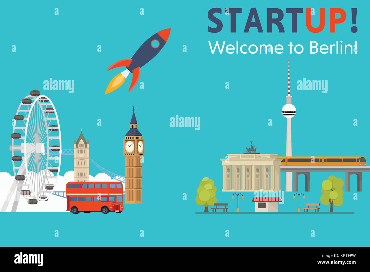Sturtup, welcome to Berlin. Moving startups from England to Germany - Vector Concept Stock Vector