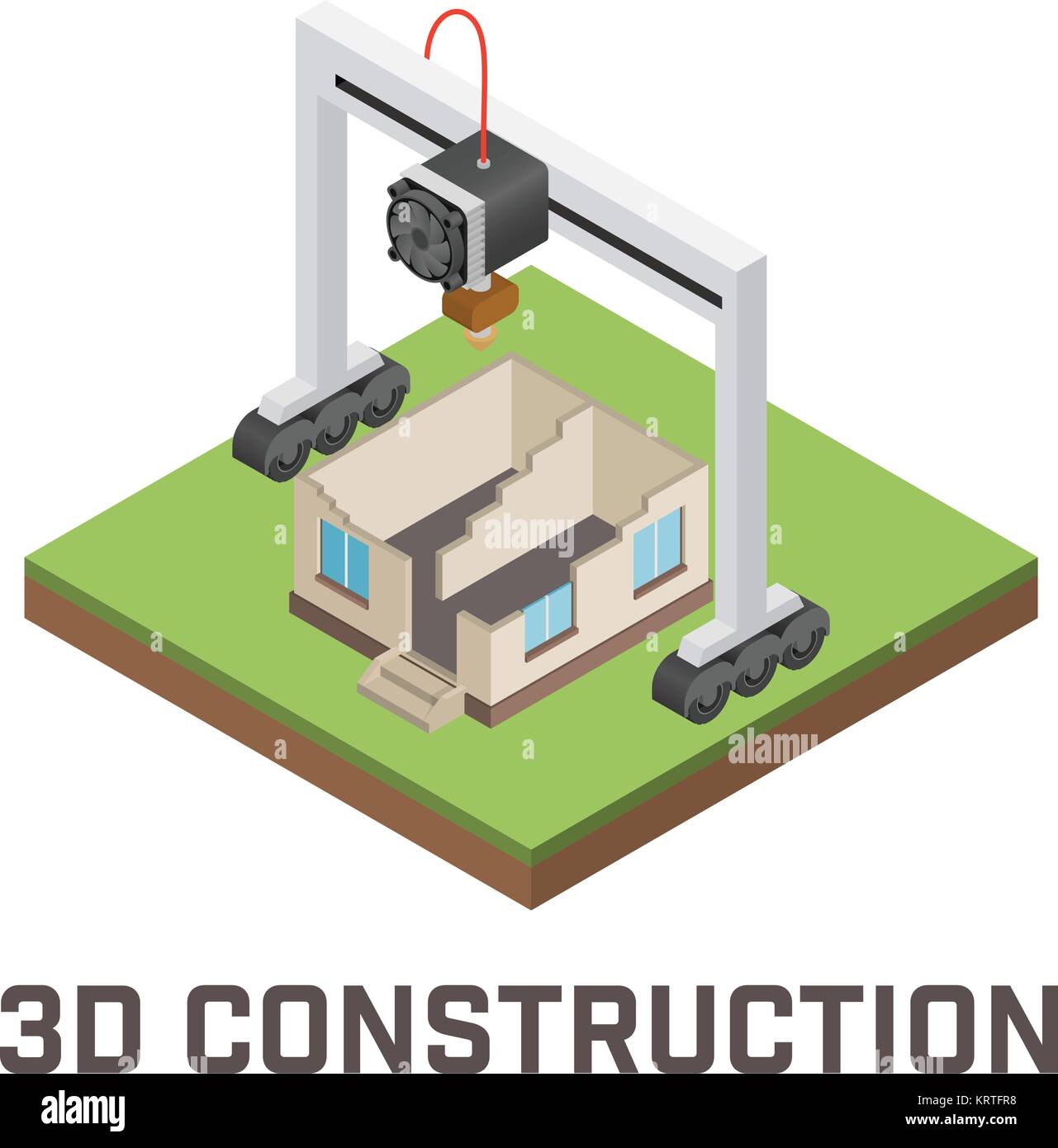 Industrial 3D printer prints a house concept. Isometric vector