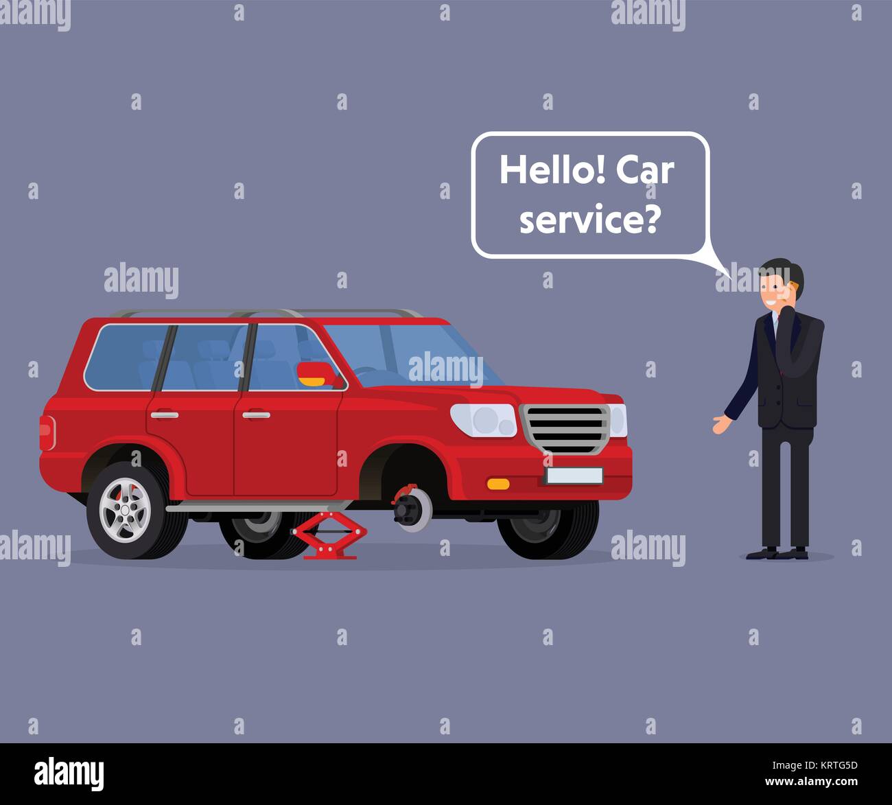 Worried driver calling roadside assistance to help with his breakdown car vector illustration