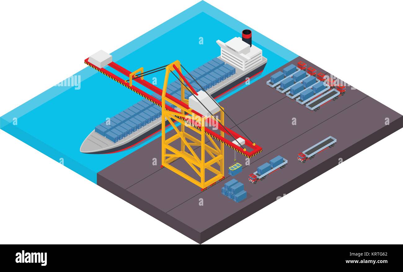 Aerial view of harbor waterfront and maritime terminal with container ship loading isometric poster abstract vector illustration Stock Vector