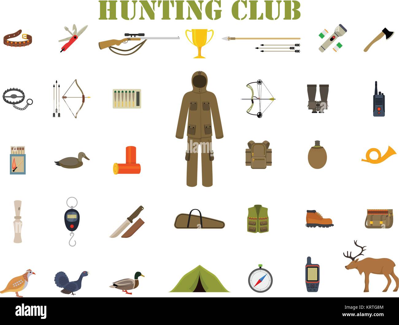 Hunting club - equipment kit with rifle, knife, suit, shotgun, boots, decoy, patronage and matches etc Vector icon set Stock Vector