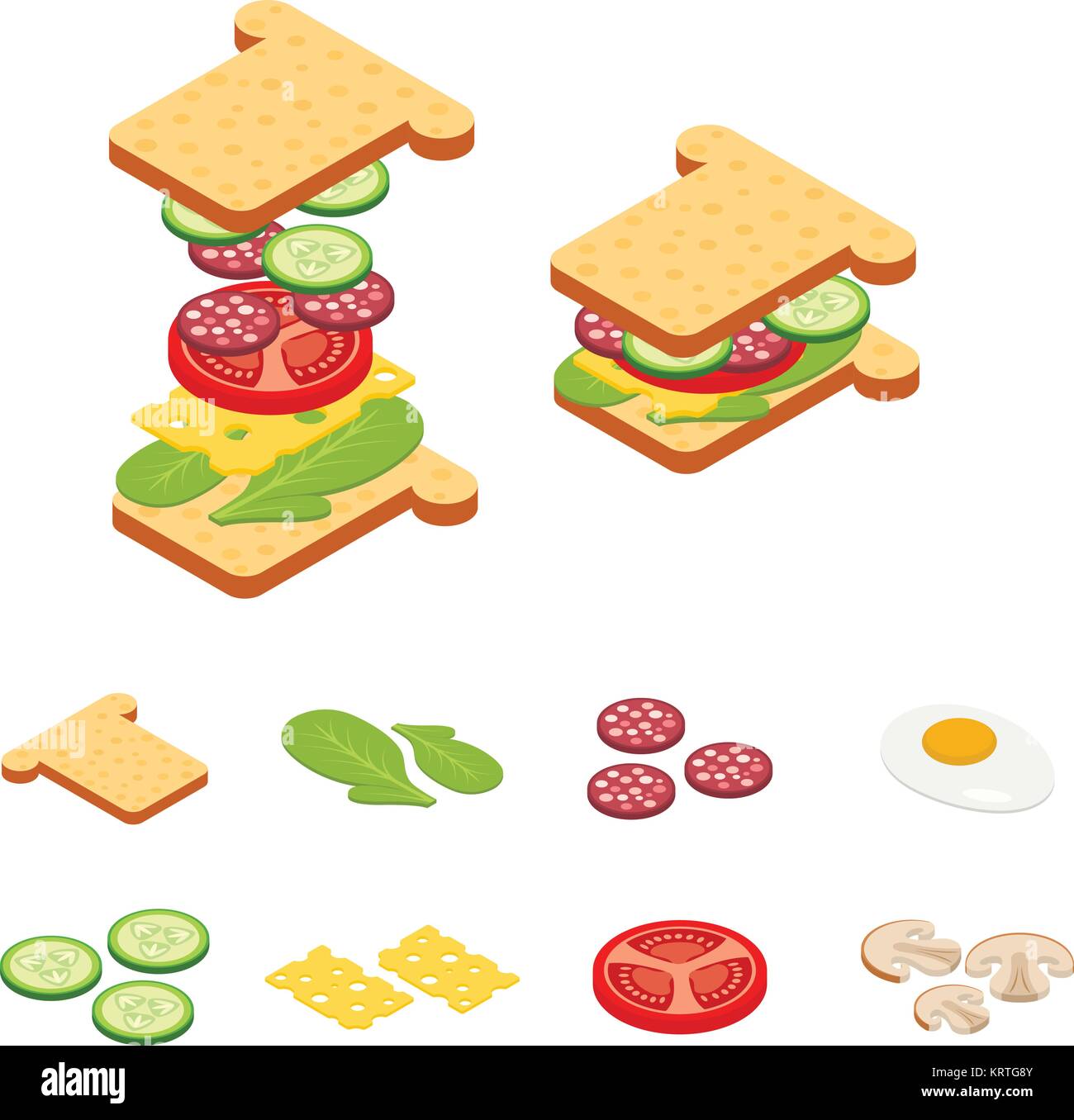 Set vector constructor isometric sandwich and hamburger ingredients ham, cheese, egg, onion, tomato, cucumber, mushrooms, radishes, salad, cutlet pota Stock Vector