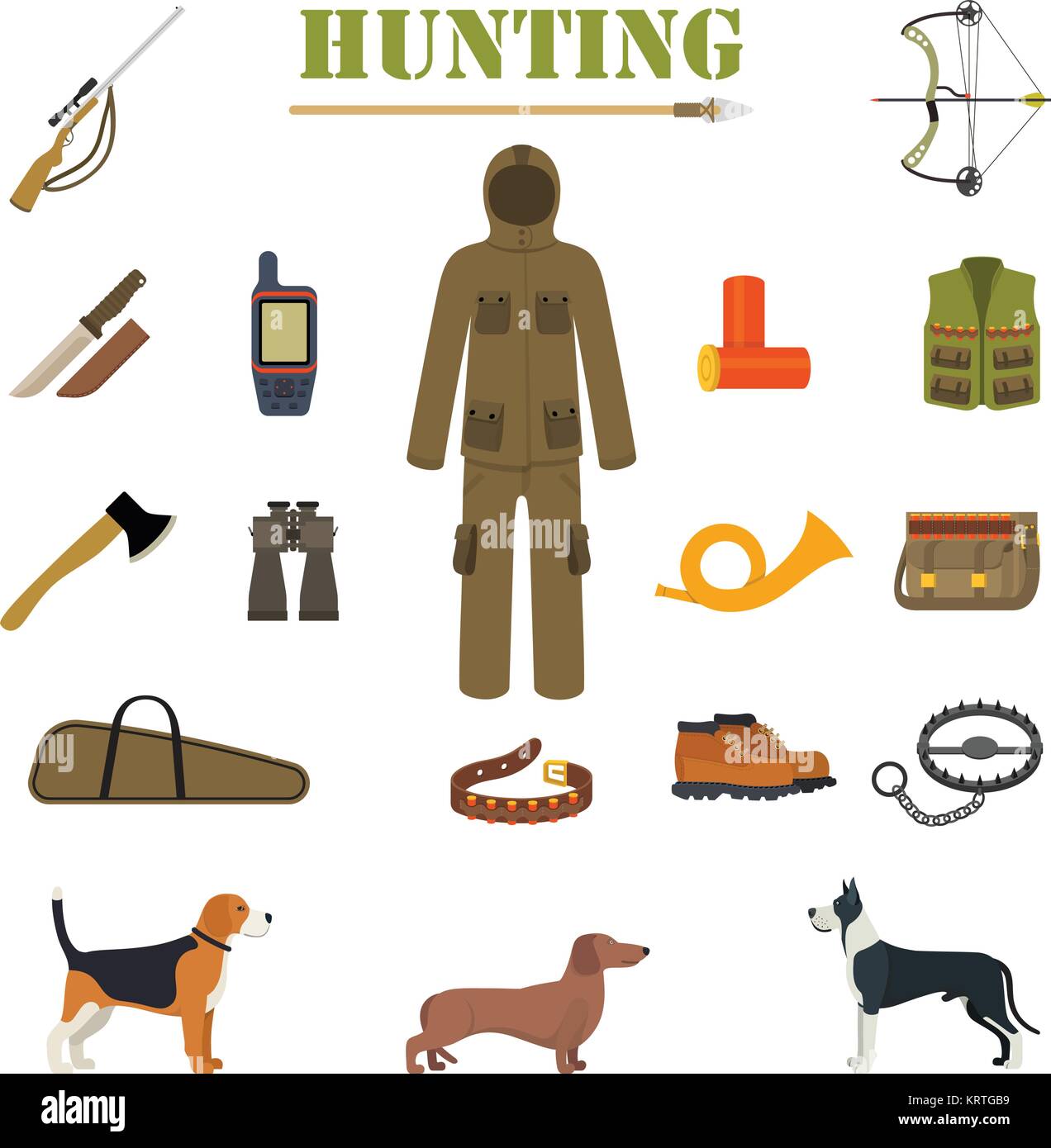 Hunting equipment kit with rifle, knife, suit, shotgun, boots