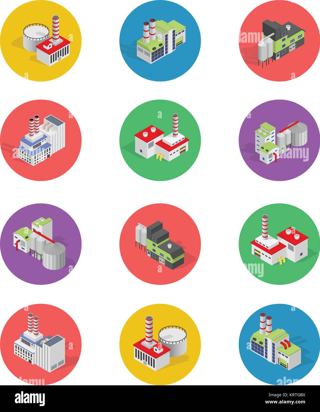 Isometric Building Factory Icons with Shadow - Vector Set Stock Vector