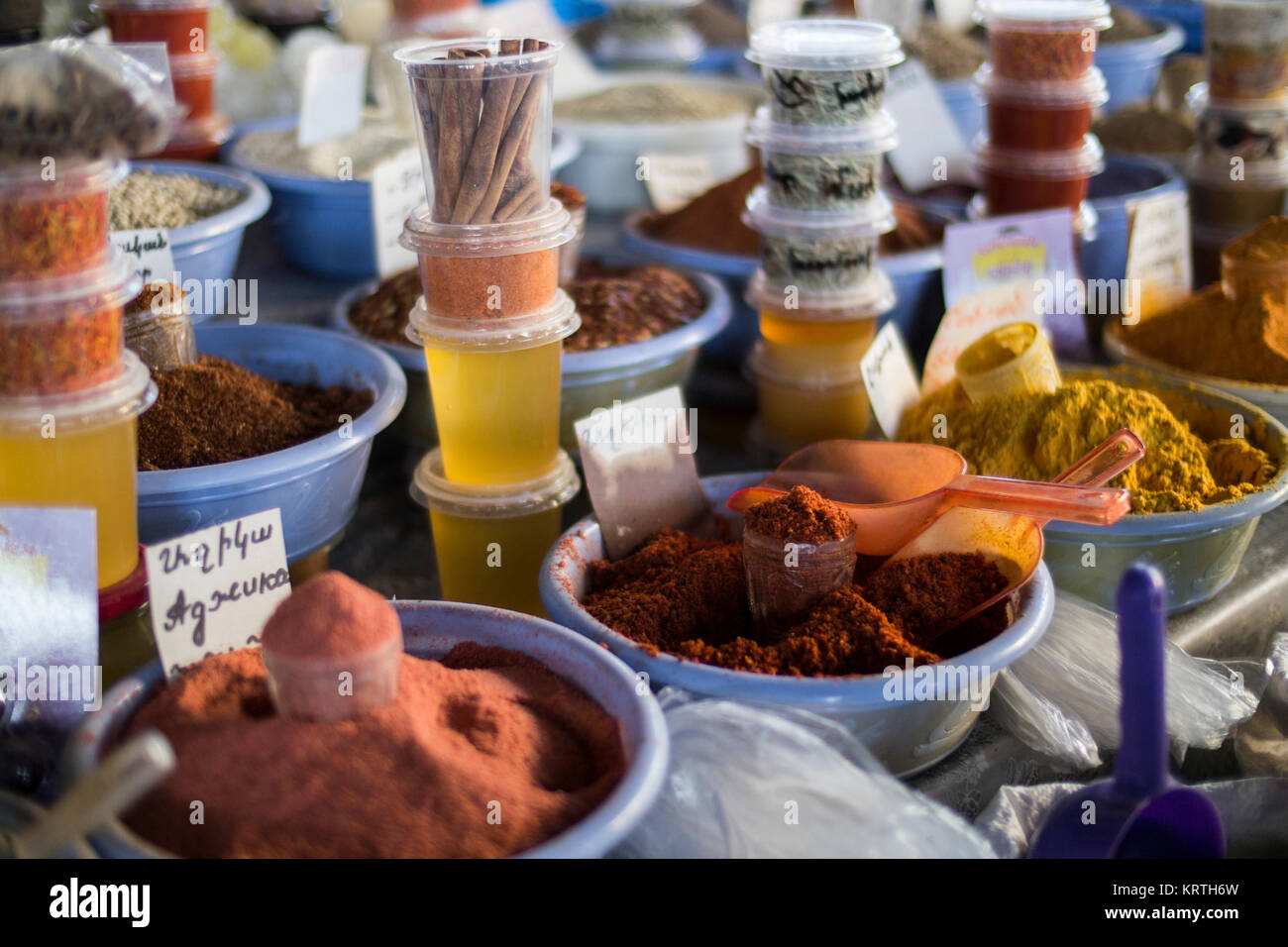 Saffron and other spices at a spices stall in Yerevan Central Food Market, Armenia Stock Photo