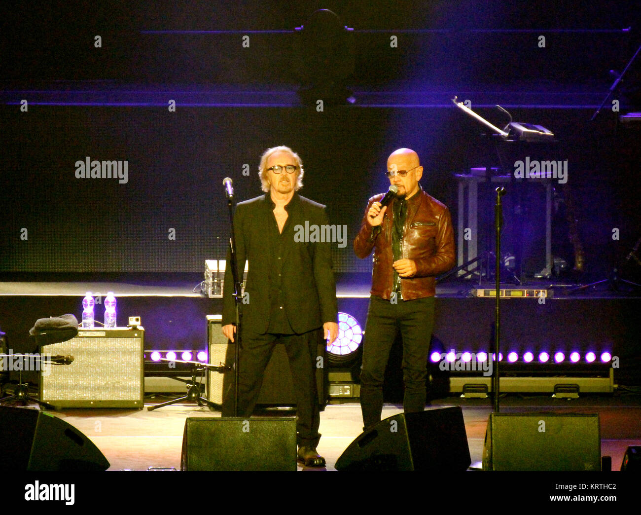 Verona, Italy - October 14, 2017: Live Concert of Umberto Tozzi an Italian pop singer with his friends Enrico Ruggeri on stage during the tour called  Stock Photo