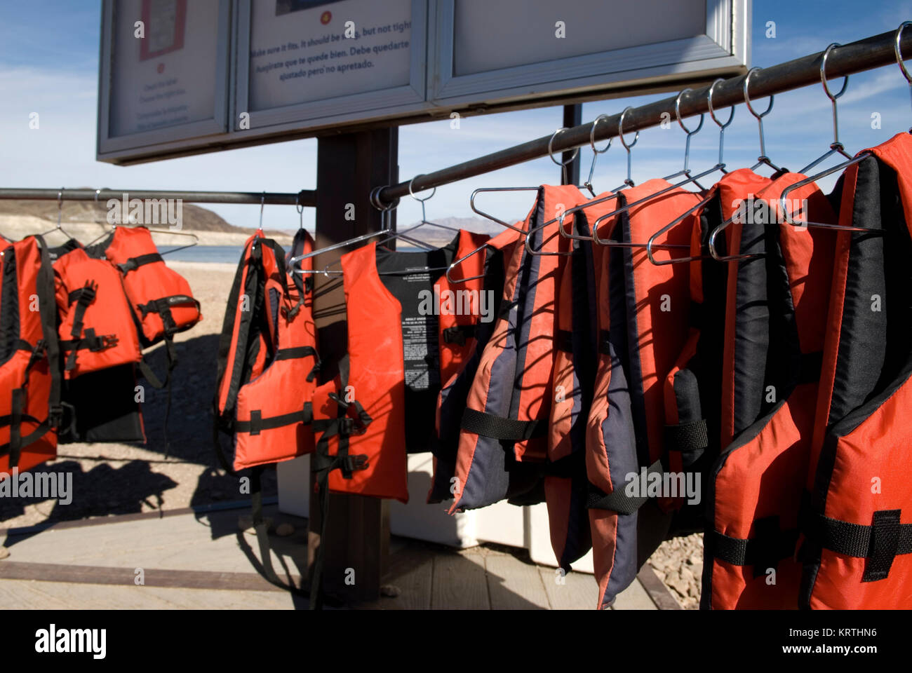 Life jacket loaner station at Lake Mead National Recreation Area Nevada, USA. Stock Photo