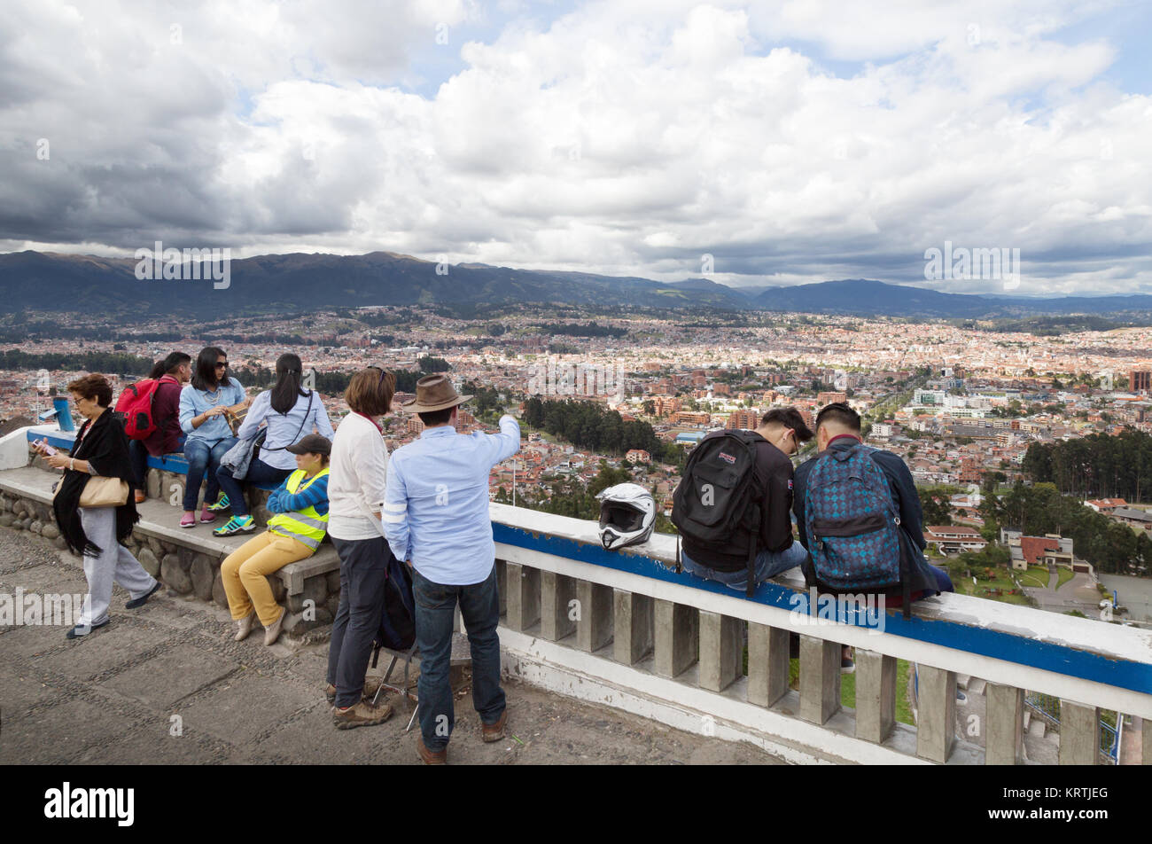 Cuenca Ecuador tourism; a tourist looking out over the city of Cuenca from Turi, Cuenca, Ecuador South America Stock Photo