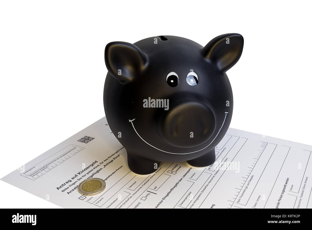 black piggy bank standing on child support request Stock Photo