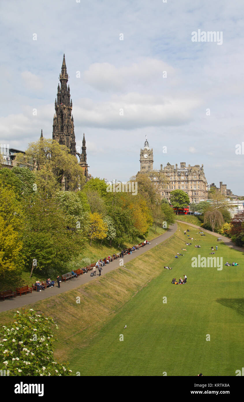 View of Princes Street Gardens, the Scott Monument and the Bamoral Hotel, Edinburgh, Scotland, UK Stock Photo