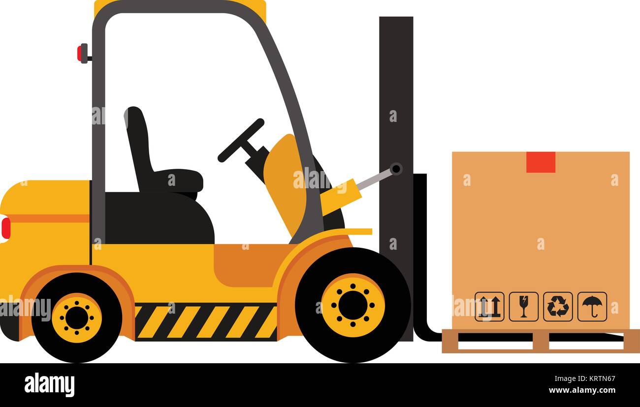 Vector forklift truck with cardboard box isolated flat stock illustration icon loader Stock Vector