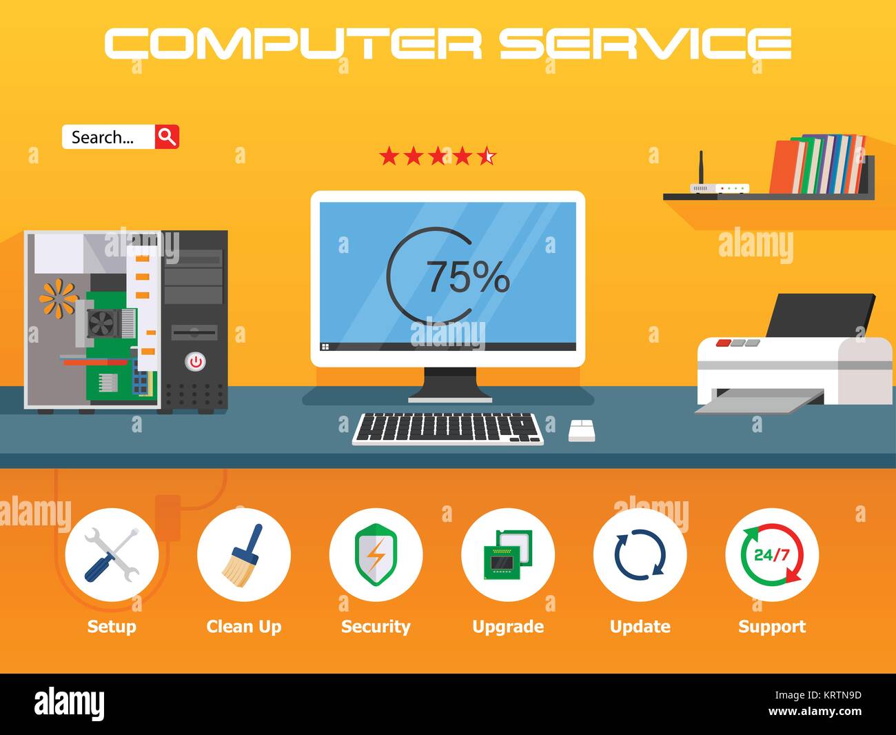Beautiful set of colorful flat vector banner on the theme repair a desktop computer, upgrade computer and update. Vector illustration. Stock Vector