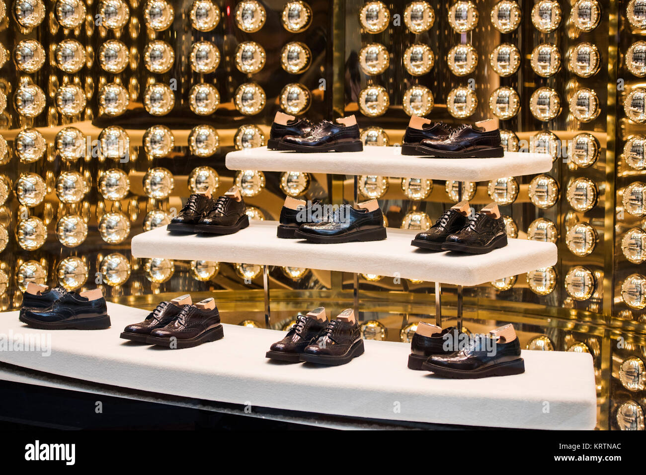 Milan, Italy - November 11, 2016: Luxury men shoes in Prada store, in Milan, Italy. Stock Photo