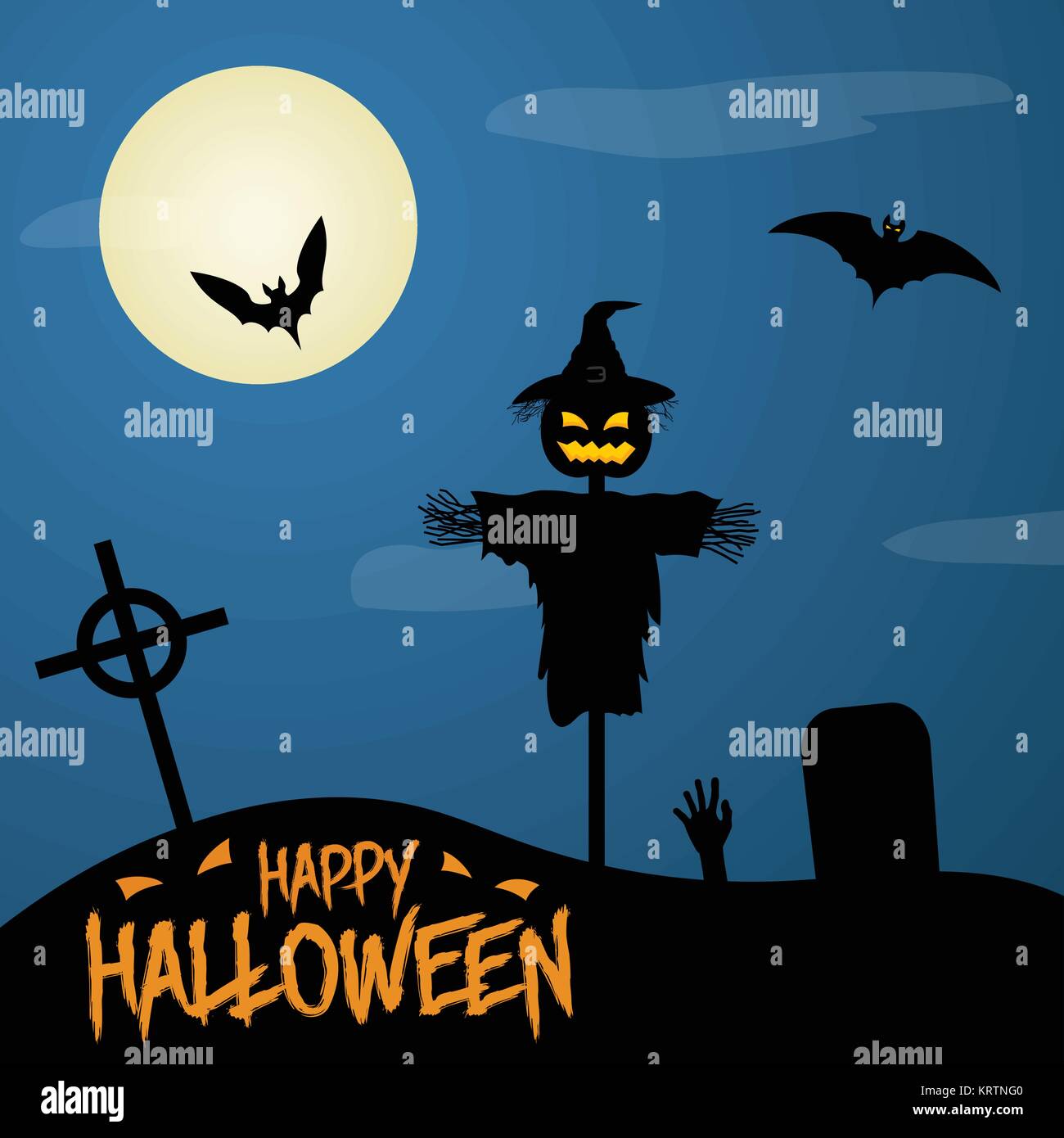 Happy Halloween Poster on Dark Moon Background. Scarecrow on the ...