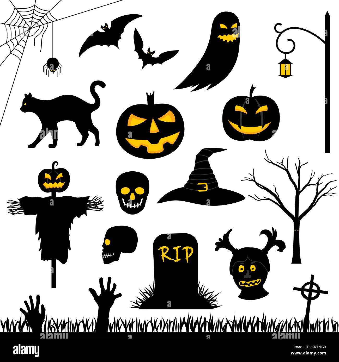 Set of black vector silhouettes for Halloween party. Pumpkins, bats and ...