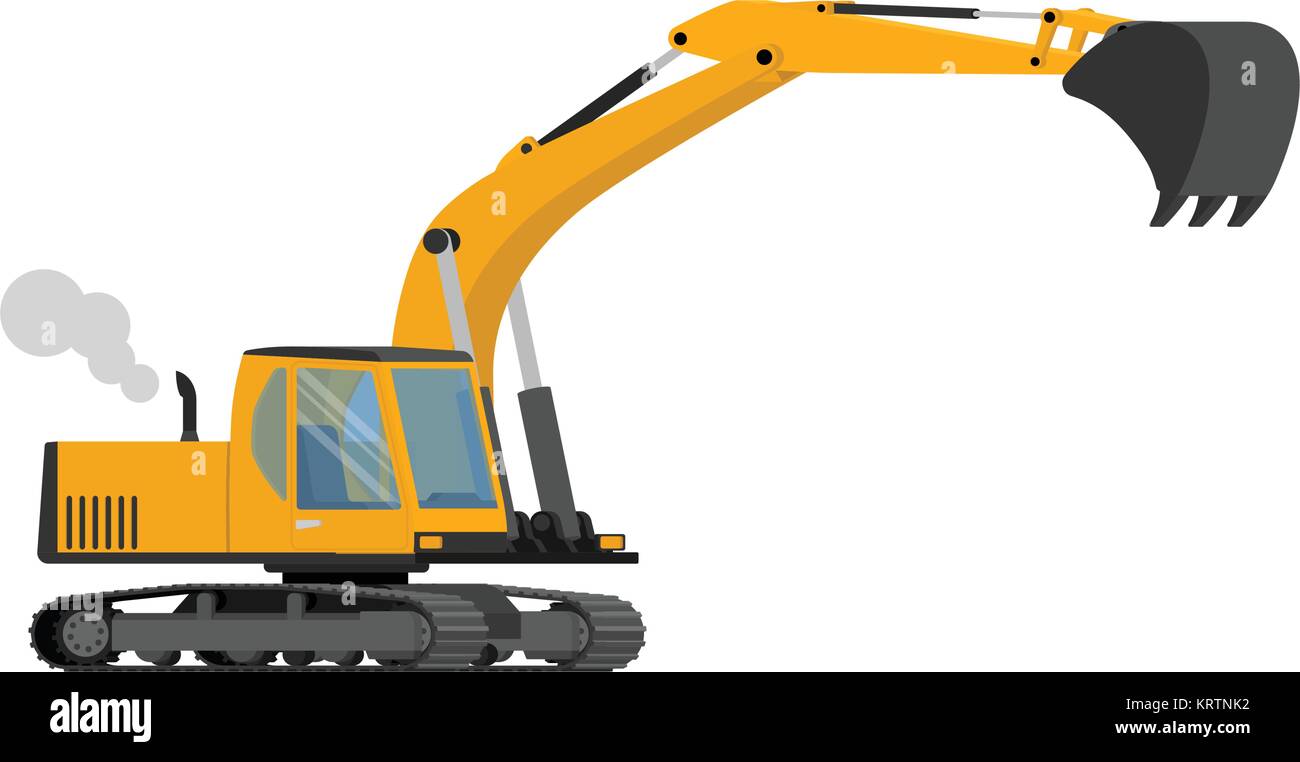 Closeup orange construction excavator with big shovel. Isolated on white. Stock Vector