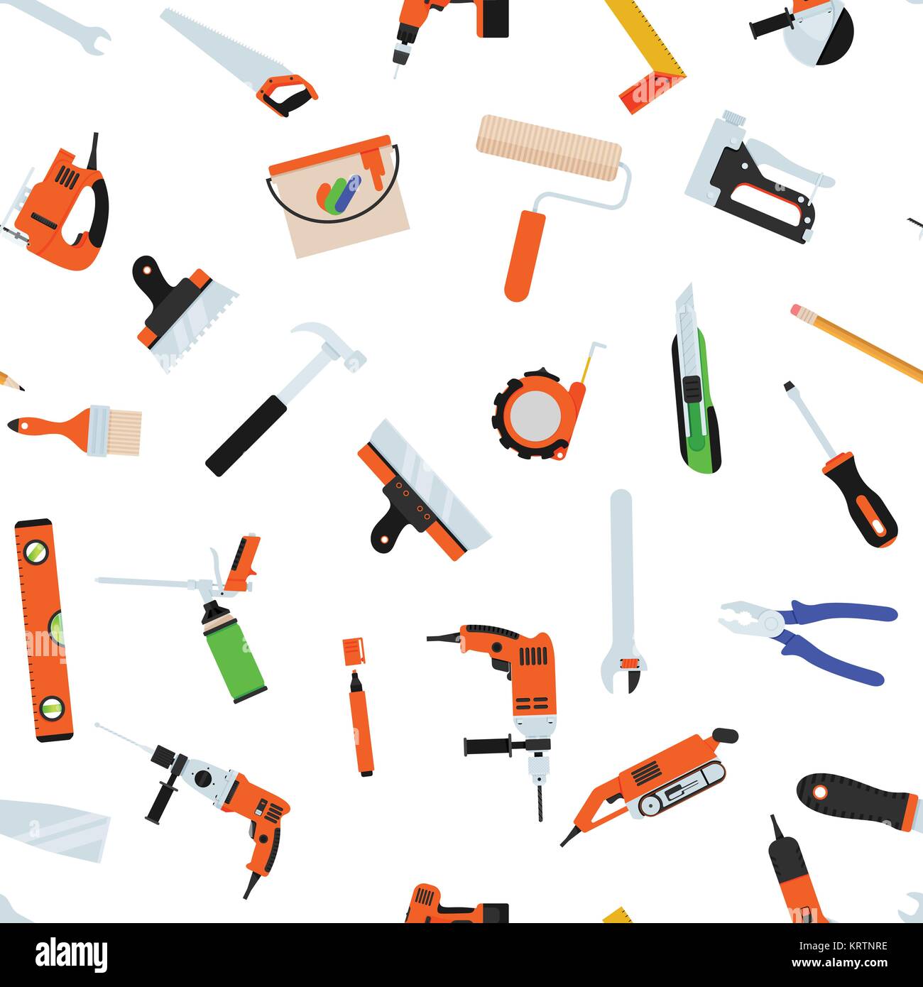 Seamless pattern with tools for repair. Vector illustration. Roller, brush, paint, pencil, tool, hammer tape measure putty knife pencil Stock Vector