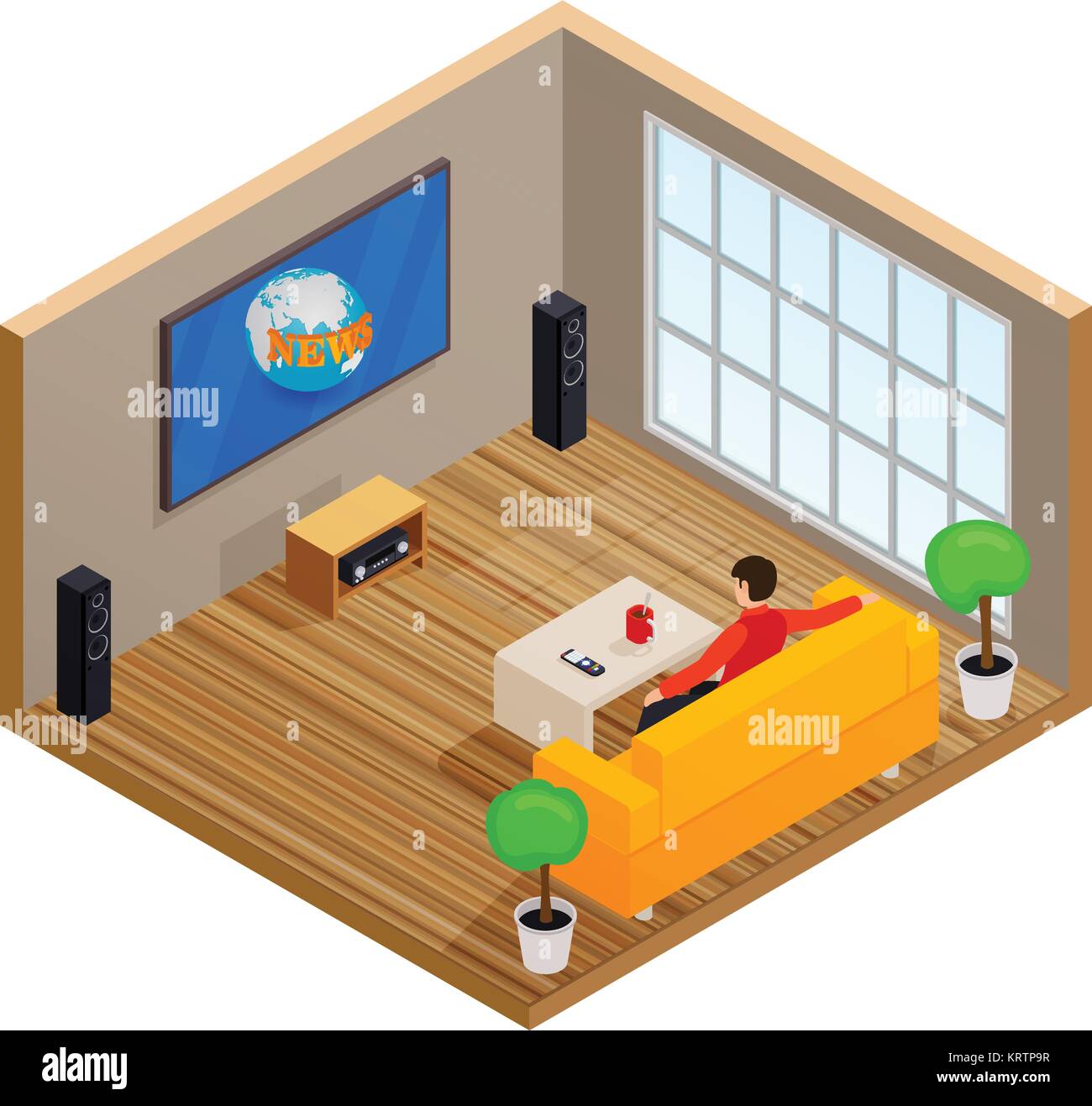 Man watching TV and drinking coffee on sofa in home room interior vector illustration. Man on sofa watch tv, vector isometric illustration of male in  Stock Vector