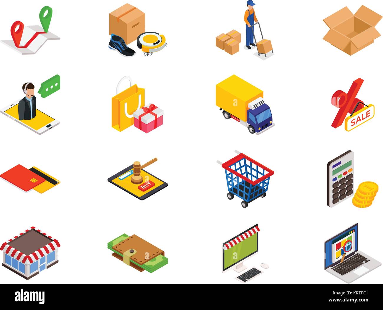 isometric items with things, cart, shop 