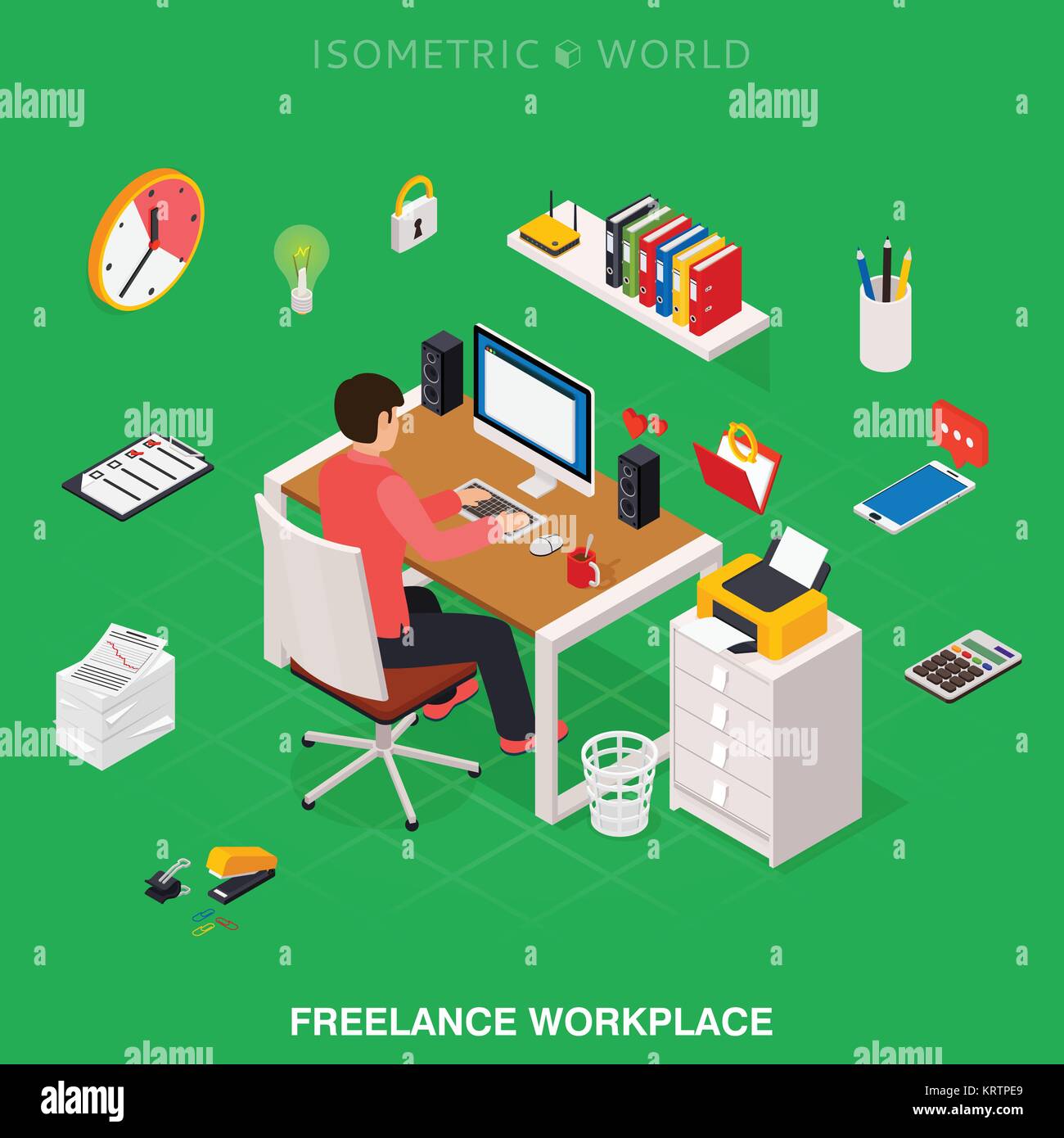 Professional freelancer working on desktop computer at desk. Flat 3d ...