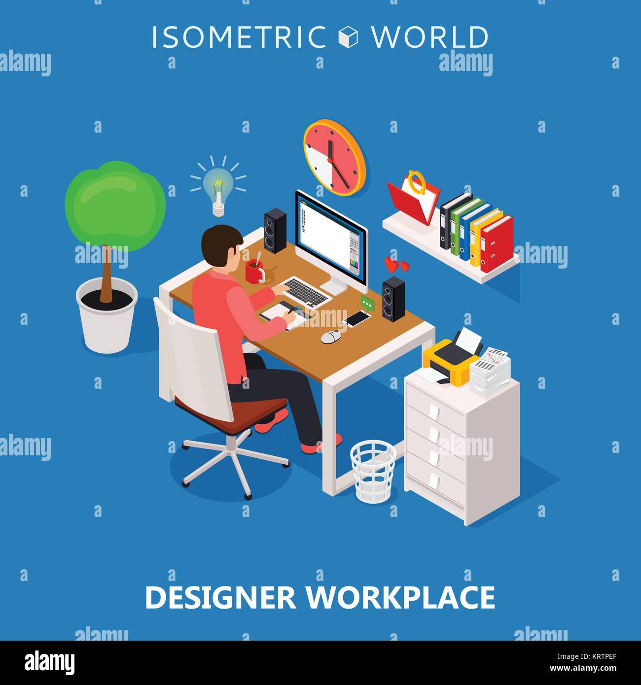 Colored 3d isometric freelance designer workplace vector concept illustration. Work table composition plus collection of isometric objects table, chai Stock Vector