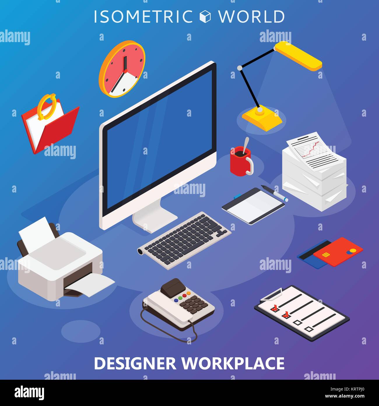 Modern flat 3d isometric concept of workplace with computer and office