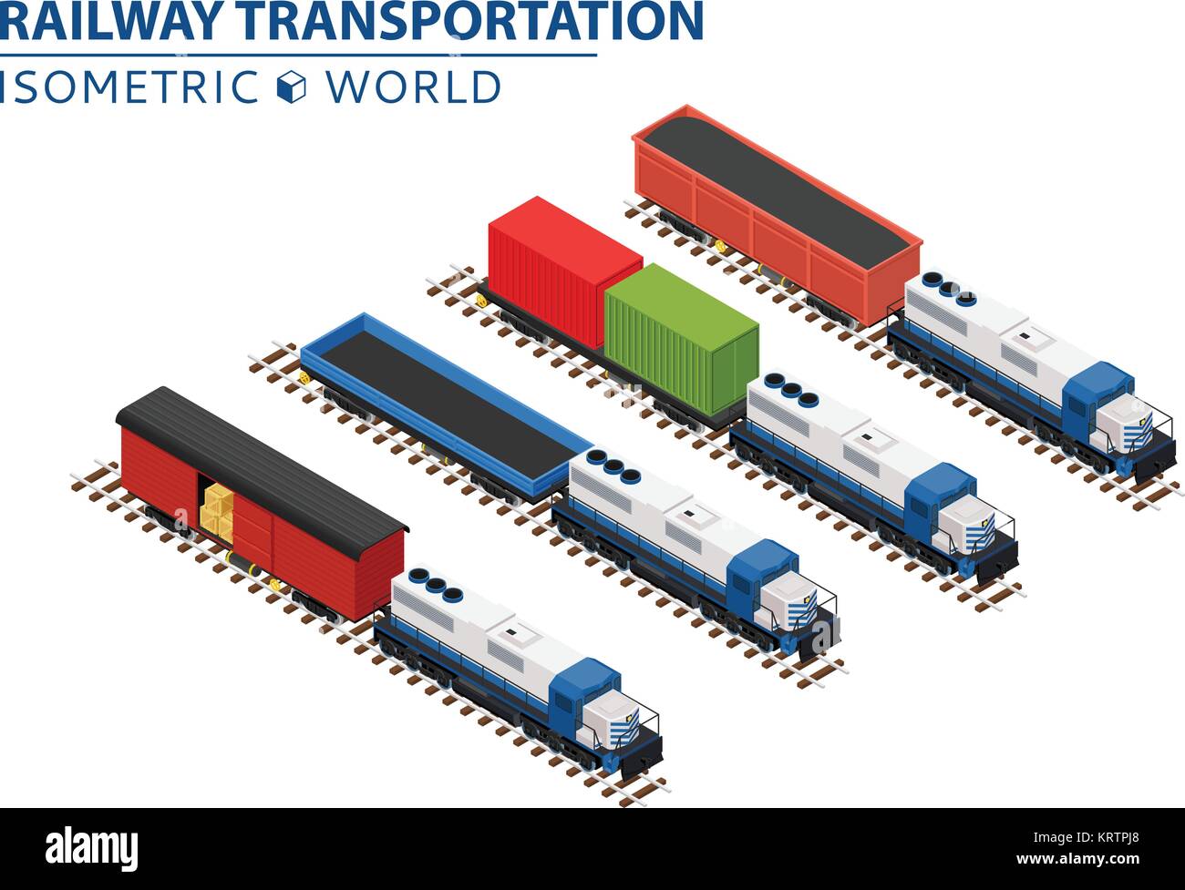 Vector isometric illustration of a set of railway trains consisting of locomotives, platforms for transportation of containers, covered wagons, and ra Stock Vector