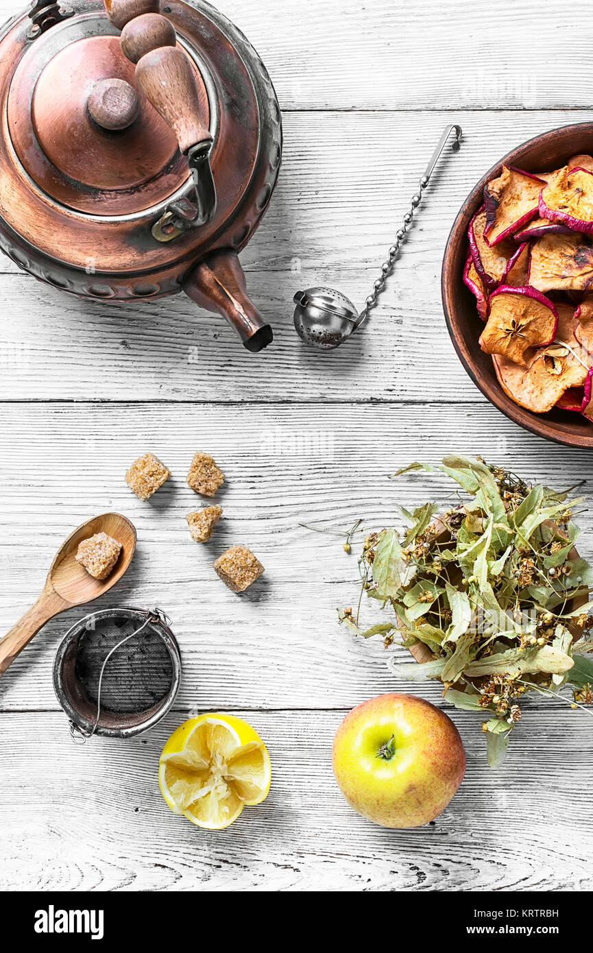 kettle with herbal tea treatment with dry apples Stock Photo Alamy