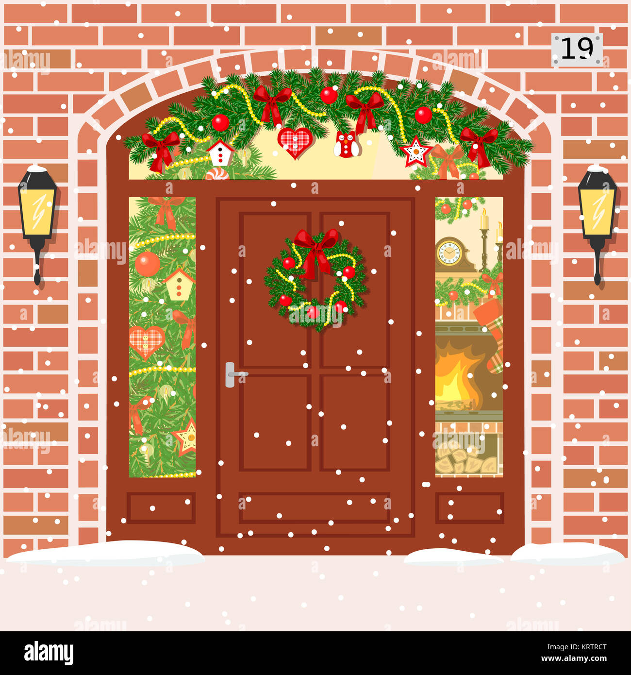 Christmas decorated door with Sidelight Window, wreath and garland Stock Photo
