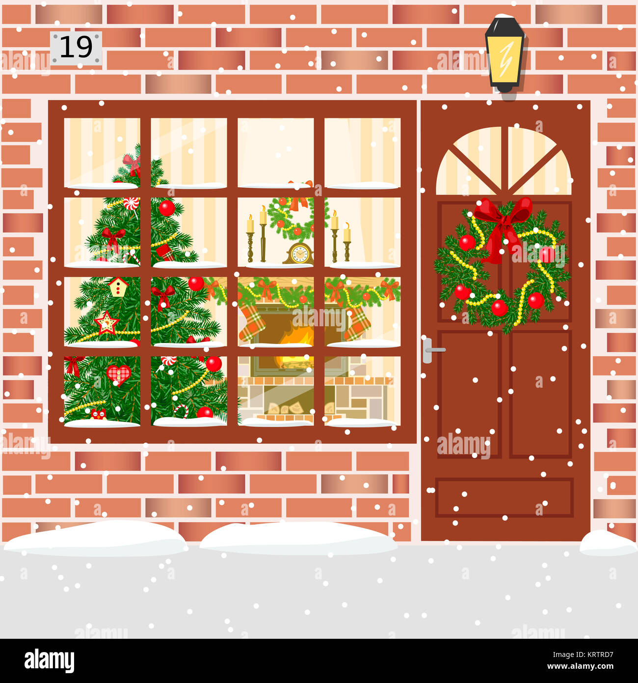 Christmas decorated door, house entrance with wreath Stock Photo