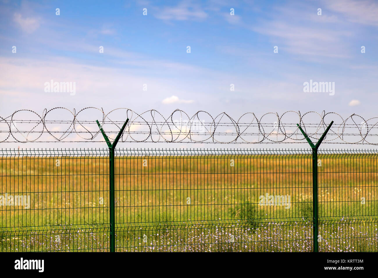 Barbed wire grass fields with clouds Stock Photo